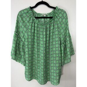 Counterparts Bell Sleeve Green Geometric Print Ruched Collar Top Size L